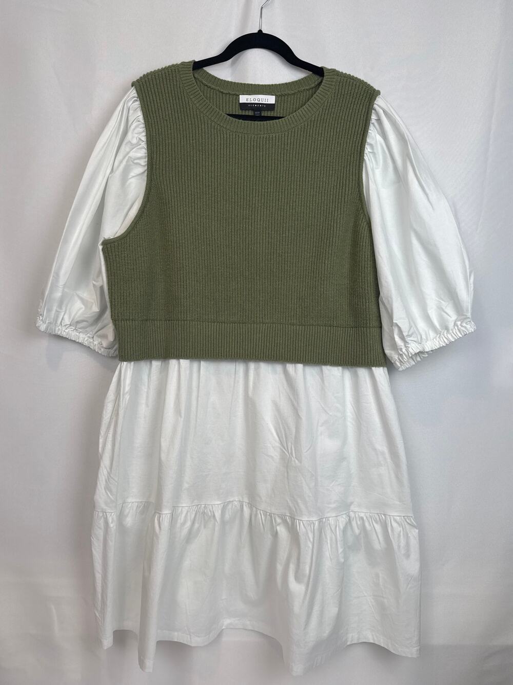 Eloquii Elements Mixed Media Dress 22/24 Sage Knit White Puff Sleeve